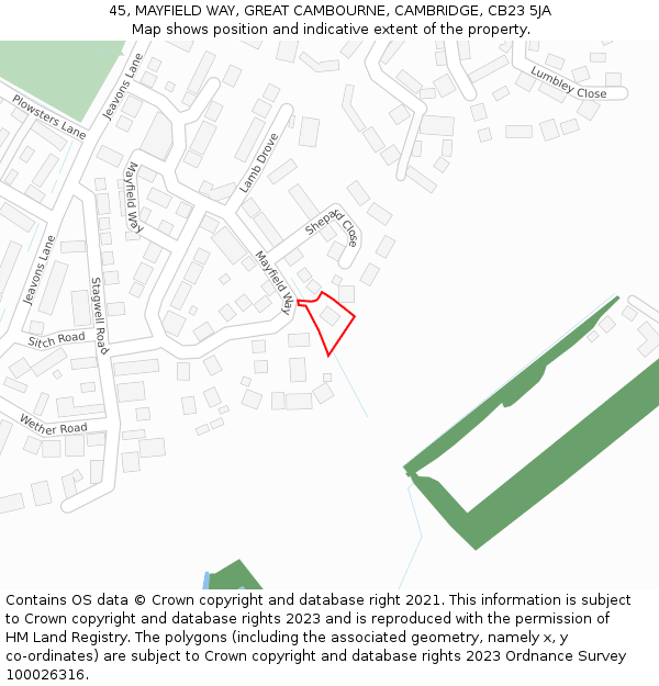 45, MAYFIELD WAY, GREAT CAMBOURNE, CAMBRIDGE, CB23 5JA: Location map and indicative extent of plot