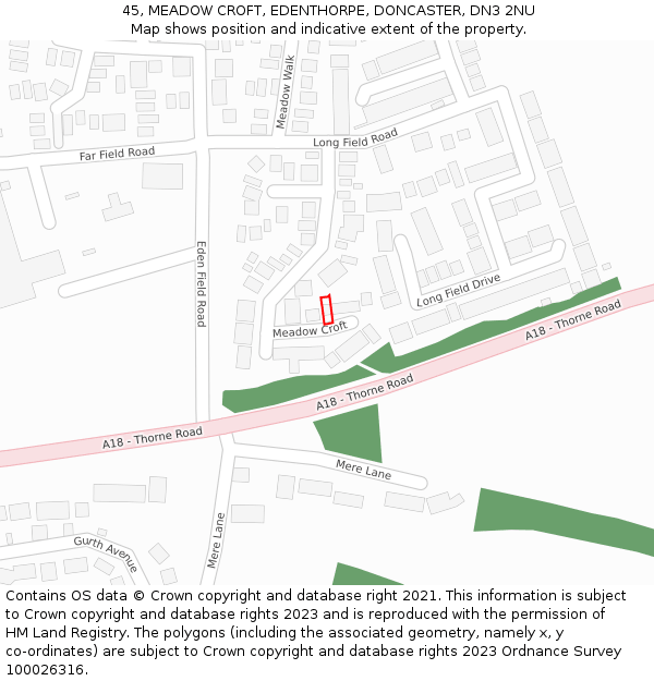45, MEADOW CROFT, EDENTHORPE, DONCASTER, DN3 2NU: Location map and indicative extent of plot