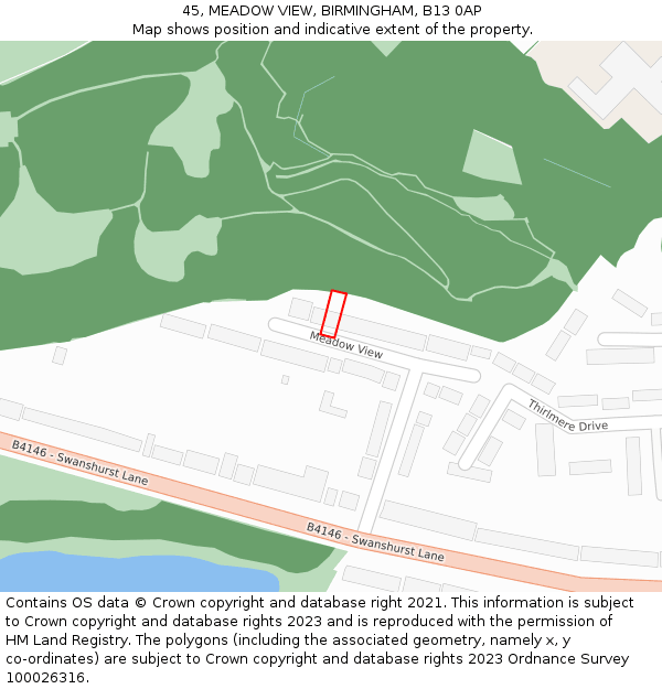 45, MEADOW VIEW, BIRMINGHAM, B13 0AP: Location map and indicative extent of plot