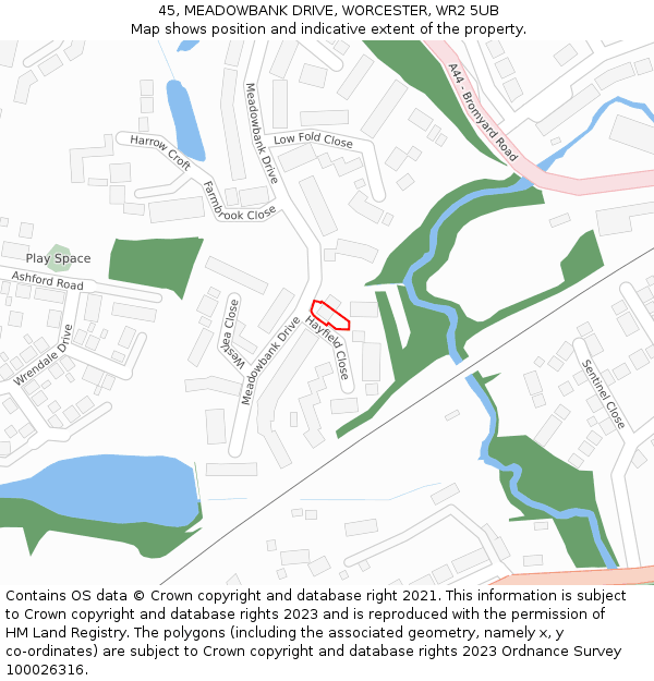 45, MEADOWBANK DRIVE, WORCESTER, WR2 5UB: Location map and indicative extent of plot