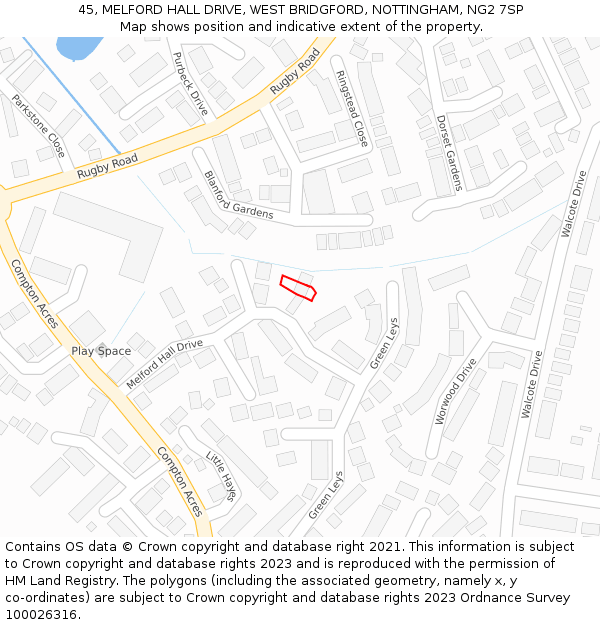 45, MELFORD HALL DRIVE, WEST BRIDGFORD, NOTTINGHAM, NG2 7SP: Location map and indicative extent of plot