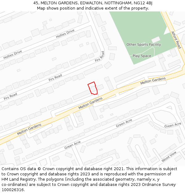 45, MELTON GARDENS, EDWALTON, NOTTINGHAM, NG12 4BJ: Location map and indicative extent of plot