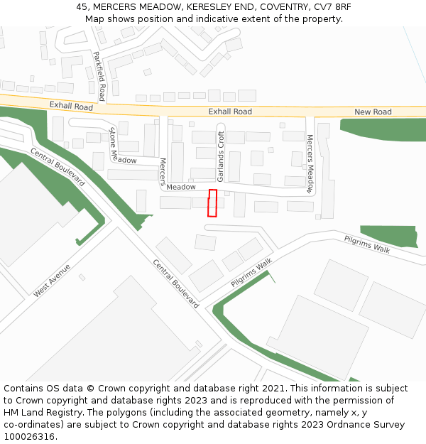 45, MERCERS MEADOW, KERESLEY END, COVENTRY, CV7 8RF: Location map and indicative extent of plot