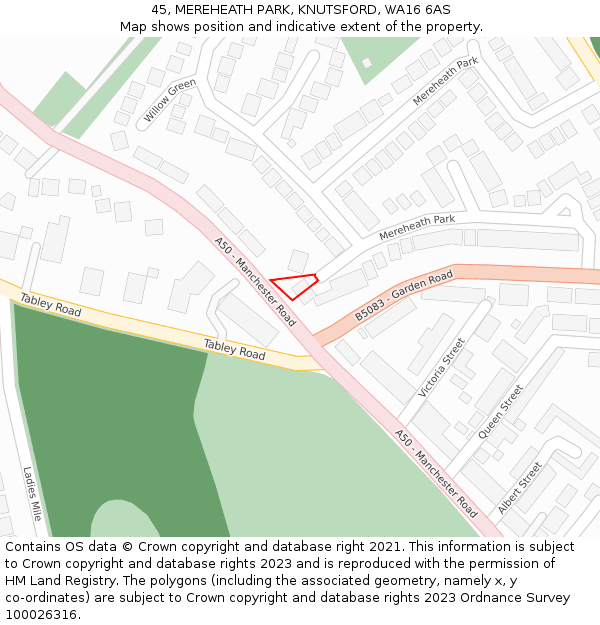 45, MEREHEATH PARK, KNUTSFORD, WA16 6AS: Location map and indicative extent of plot