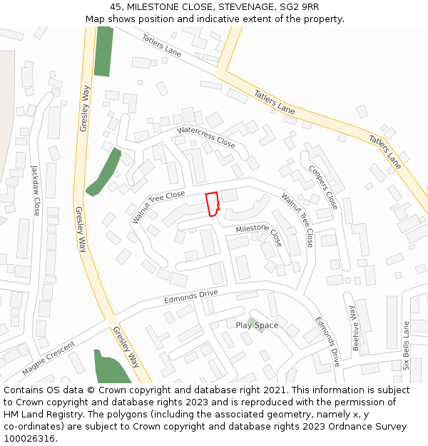 45, MILESTONE CLOSE, STEVENAGE, SG2 9RR: Location map and indicative extent of plot