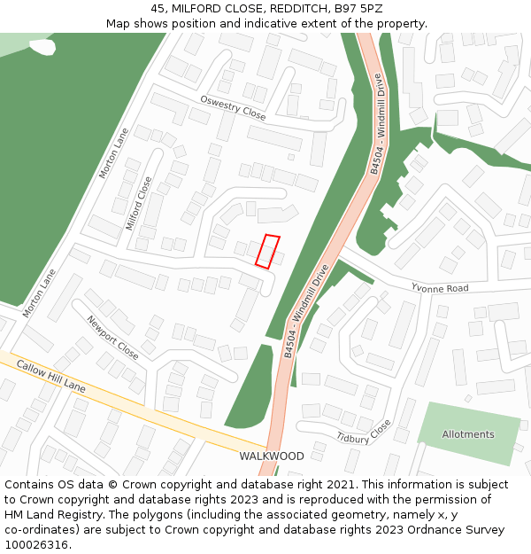 45, MILFORD CLOSE, REDDITCH, B97 5PZ: Location map and indicative extent of plot