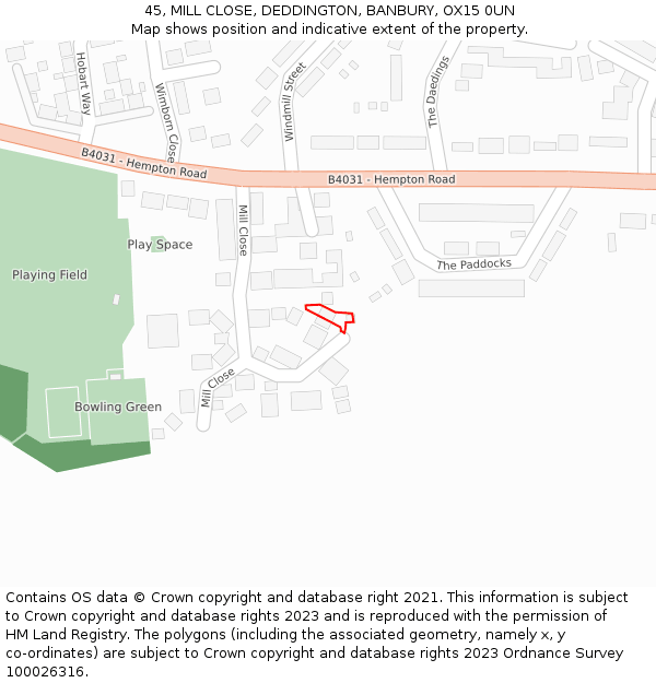 45, MILL CLOSE, DEDDINGTON, BANBURY, OX15 0UN: Location map and indicative extent of plot