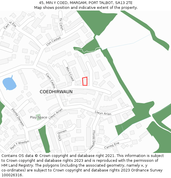 45, MIN Y COED, MARGAM, PORT TALBOT, SA13 2TE: Location map and indicative extent of plot