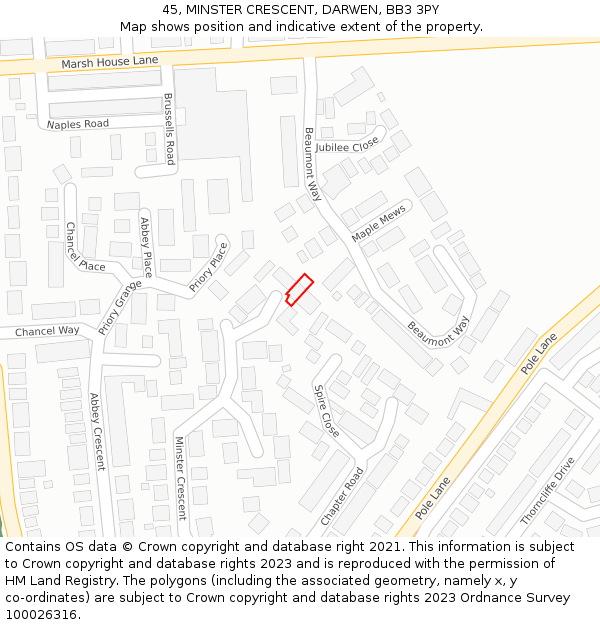 45, MINSTER CRESCENT, DARWEN, BB3 3PY: Location map and indicative extent of plot