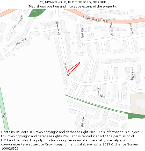 45, MONKS WALK, BUNTINGFORD, SG9 9EE: Location map and indicative extent of plot