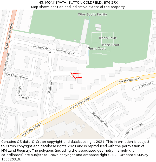 45, MONKSPATH, SUTTON COLDFIELD, B76 2RX: Location map and indicative extent of plot