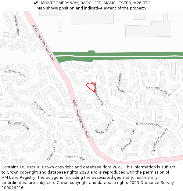 45, MONTGOMERY WAY, RADCLIFFE, MANCHESTER, M26 3TG: Location map and indicative extent of plot