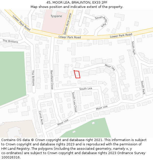 45, MOOR LEA, BRAUNTON, EX33 2PF: Location map and indicative extent of plot