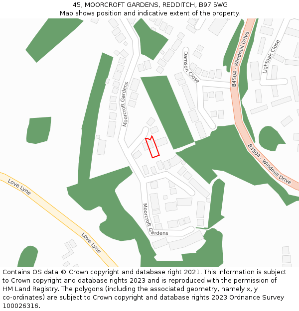 45, MOORCROFT GARDENS, REDDITCH, B97 5WG: Location map and indicative extent of plot