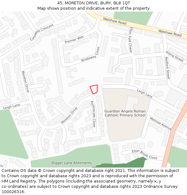 45, MORETON DRIVE, BURY, BL8 1QT: Location map and indicative extent of plot