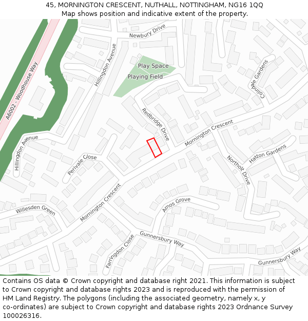 45, MORNINGTON CRESCENT, NUTHALL, NOTTINGHAM, NG16 1QQ: Location map and indicative extent of plot