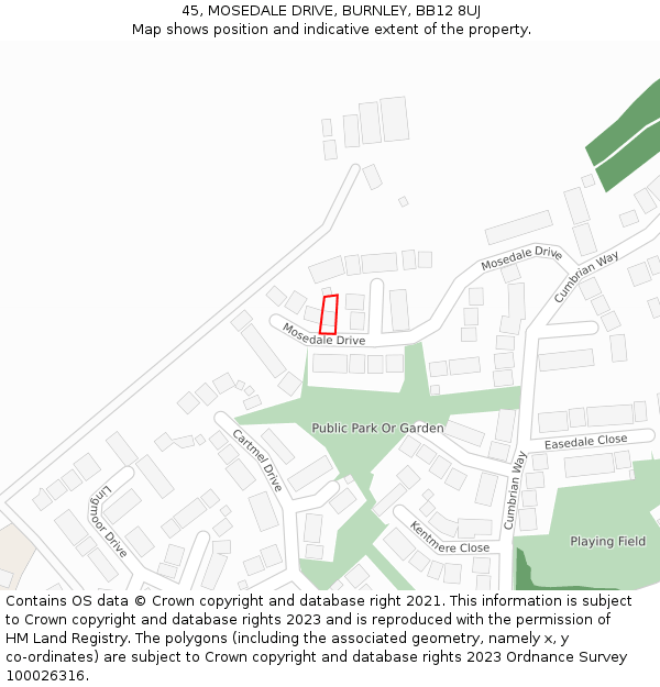 45, MOSEDALE DRIVE, BURNLEY, BB12 8UJ: Location map and indicative extent of plot