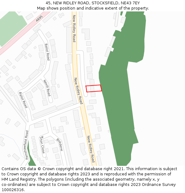 45, NEW RIDLEY ROAD, STOCKSFIELD, NE43 7EY: Location map and indicative extent of plot