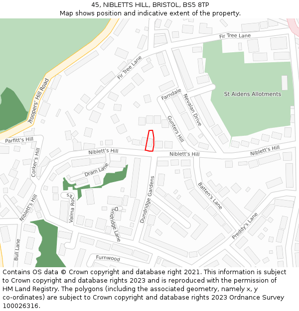 45, NIBLETTS HILL, BRISTOL, BS5 8TP: Location map and indicative extent of plot