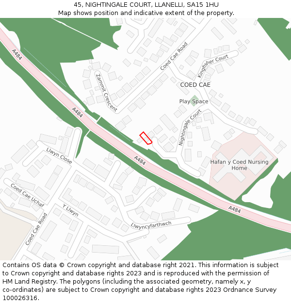 45, NIGHTINGALE COURT, LLANELLI, SA15 1HU: Location map and indicative extent of plot