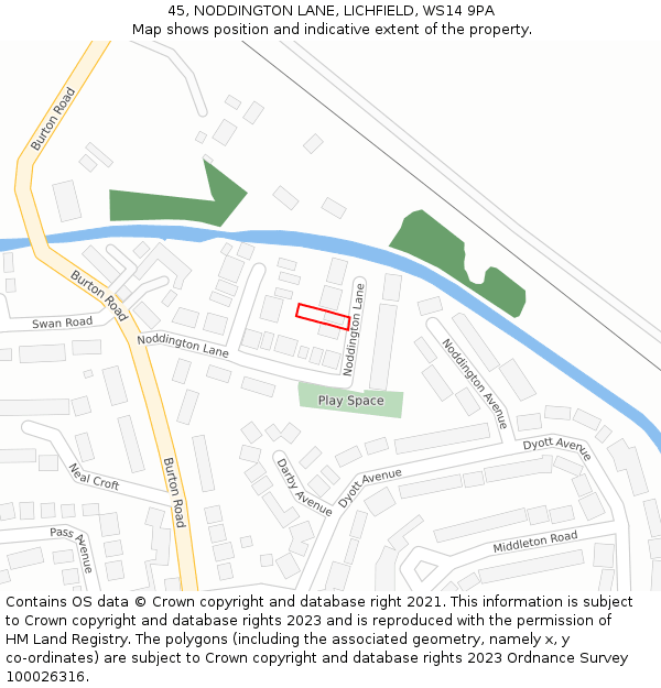 45, NODDINGTON LANE, LICHFIELD, WS14 9PA: Location map and indicative extent of plot