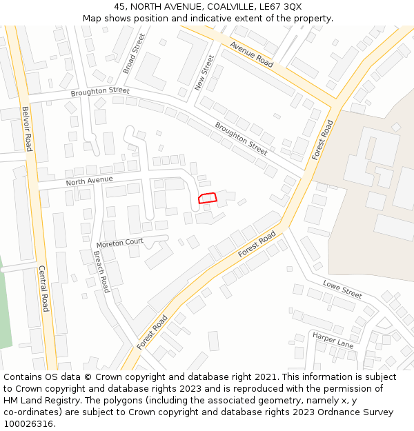 45, NORTH AVENUE, COALVILLE, LE67 3QX: Location map and indicative extent of plot