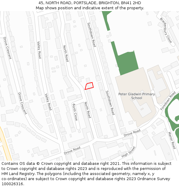 45, NORTH ROAD, PORTSLADE, BRIGHTON, BN41 2HD: Location map and indicative extent of plot