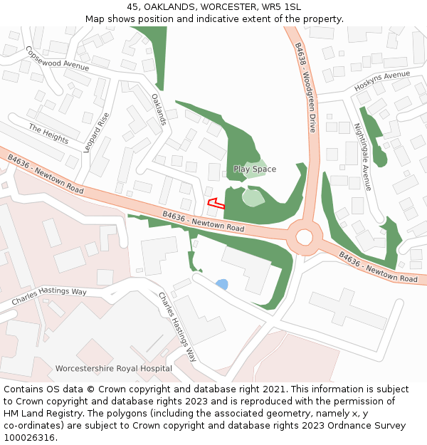 45, OAKLANDS, WORCESTER, WR5 1SL: Location map and indicative extent of plot