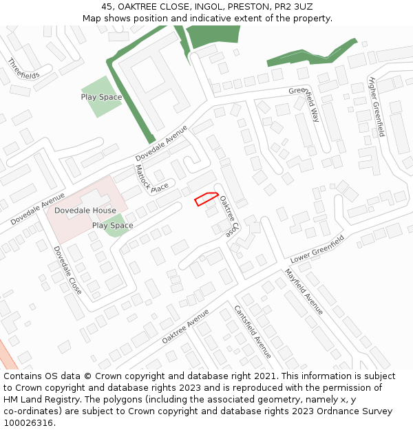 45, OAKTREE CLOSE, INGOL, PRESTON, PR2 3UZ: Location map and indicative extent of plot