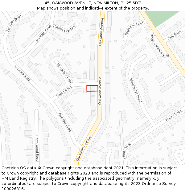 45, OAKWOOD AVENUE, NEW MILTON, BH25 5DZ: Location map and indicative extent of plot