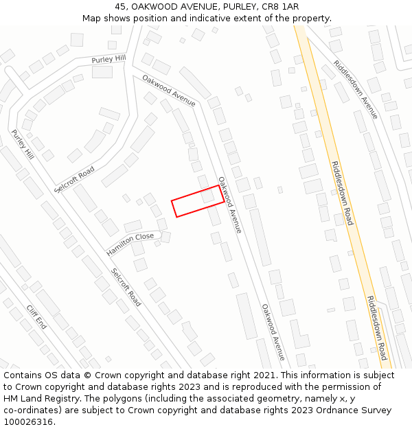 45, OAKWOOD AVENUE, PURLEY, CR8 1AR: Location map and indicative extent of plot