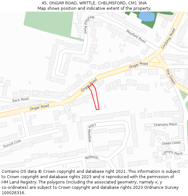 45, ONGAR ROAD, WRITTLE, CHELMSFORD, CM1 3NA: Location map and indicative extent of plot