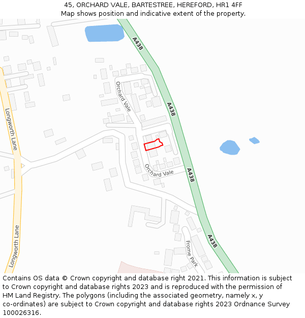 45, ORCHARD VALE, BARTESTREE, HEREFORD, HR1 4FF: Location map and indicative extent of plot
