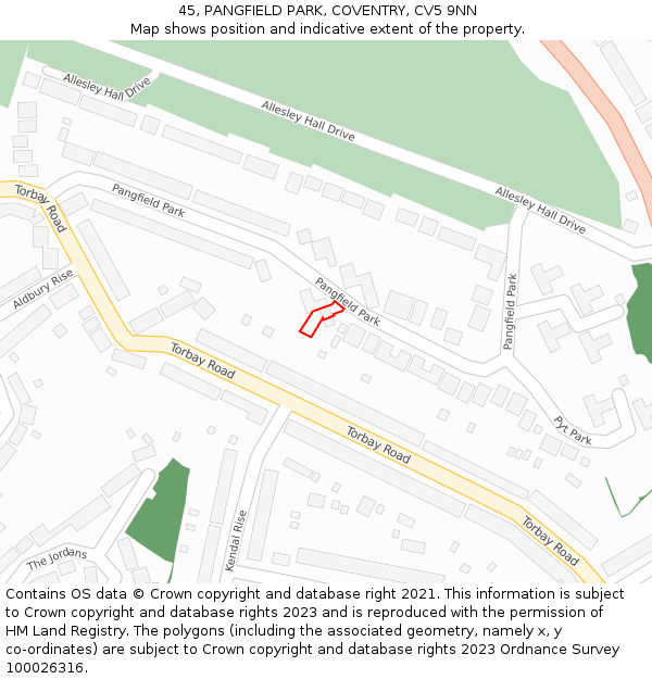 45, PANGFIELD PARK, COVENTRY, CV5 9NN: Location map and indicative extent of plot