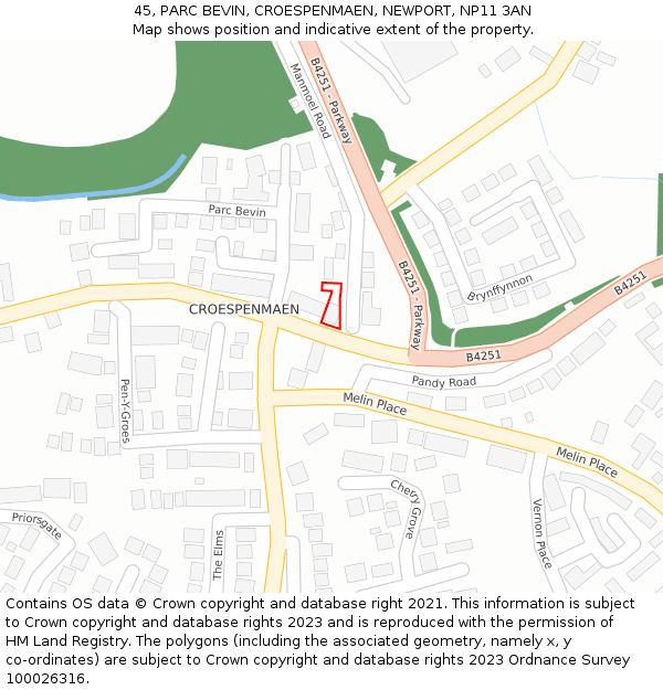 45, PARC BEVIN, CROESPENMAEN, NEWPORT, NP11 3AN: Location map and indicative extent of plot