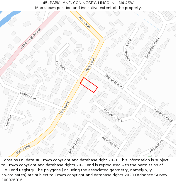 45, PARK LANE, CONINGSBY, LINCOLN, LN4 4SW: Location map and indicative extent of plot