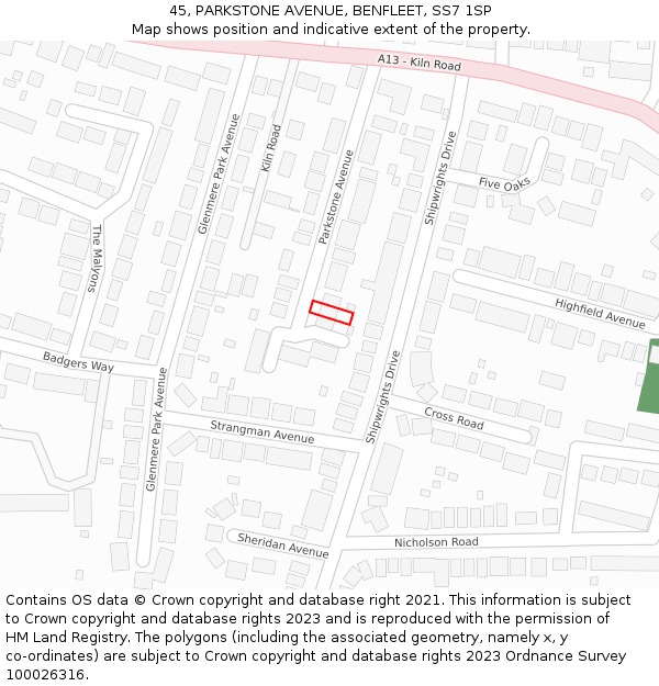 45, PARKSTONE AVENUE, BENFLEET, SS7 1SP: Location map and indicative extent of plot