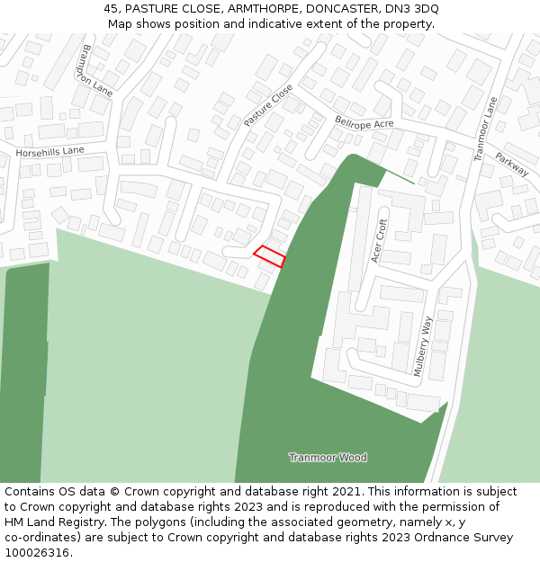 45, PASTURE CLOSE, ARMTHORPE, DONCASTER, DN3 3DQ: Location map and indicative extent of plot