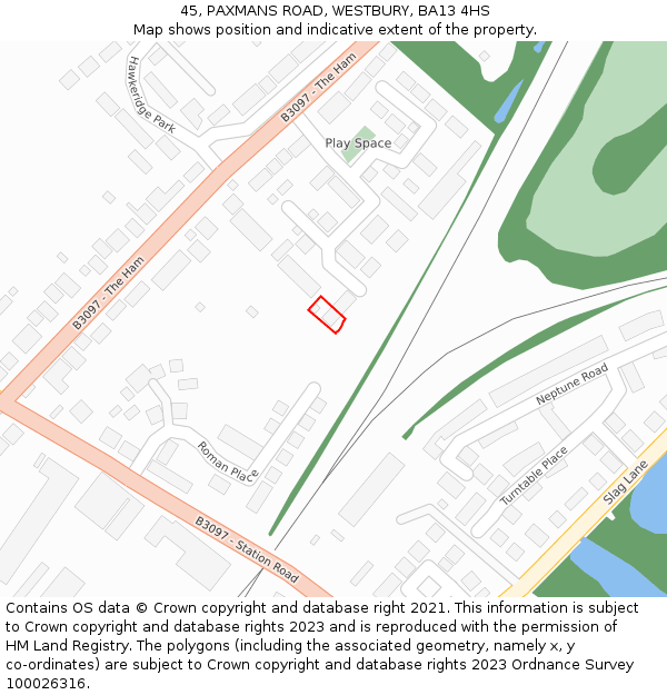 45, PAXMANS ROAD, WESTBURY, BA13 4HS: Location map and indicative extent of plot