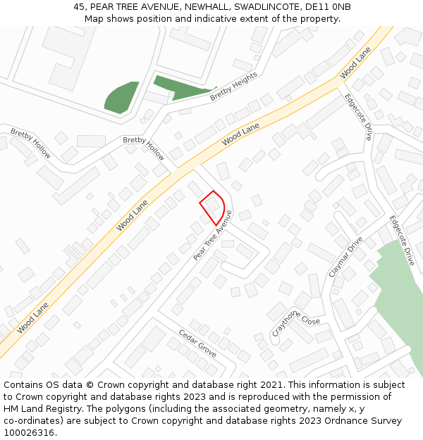 45, PEAR TREE AVENUE, NEWHALL, SWADLINCOTE, DE11 0NB: Location map and indicative extent of plot