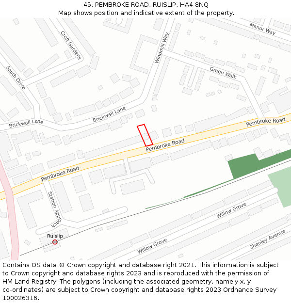 45, PEMBROKE ROAD, RUISLIP, HA4 8NQ: Location map and indicative extent of plot