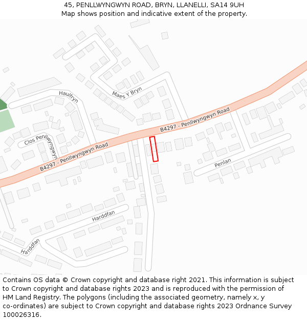 45, PENLLWYNGWYN ROAD, BRYN, LLANELLI, SA14 9UH: Location map and indicative extent of plot