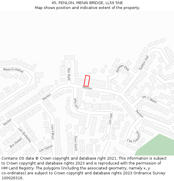 45, PENLON, MENAI BRIDGE, LL59 5NE: Location map and indicative extent of plot