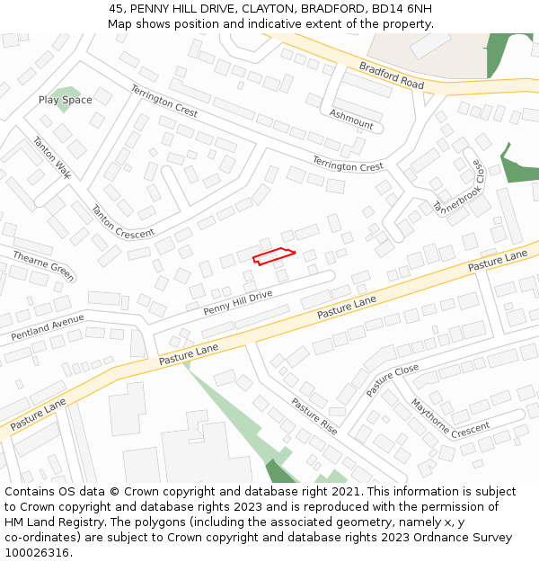 45, PENNY HILL DRIVE, CLAYTON, BRADFORD, BD14 6NH: Location map and indicative extent of plot
