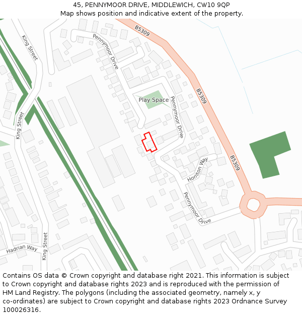 45, PENNYMOOR DRIVE, MIDDLEWICH, CW10 9QP: Location map and indicative extent of plot