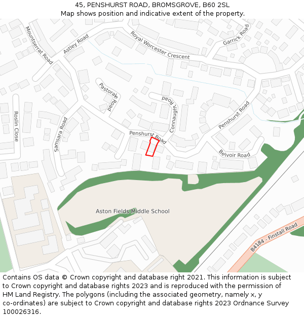 45, PENSHURST ROAD, BROMSGROVE, B60 2SL: Location map and indicative extent of plot