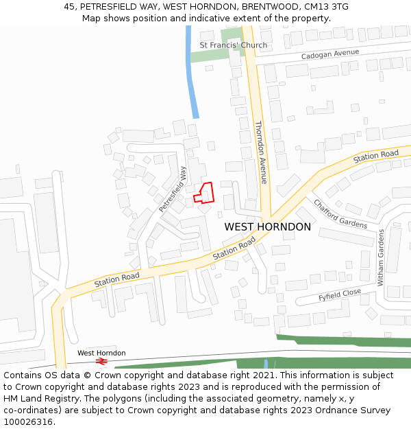 45, PETRESFIELD WAY, WEST HORNDON, BRENTWOOD, CM13 3TG: Location map and indicative extent of plot