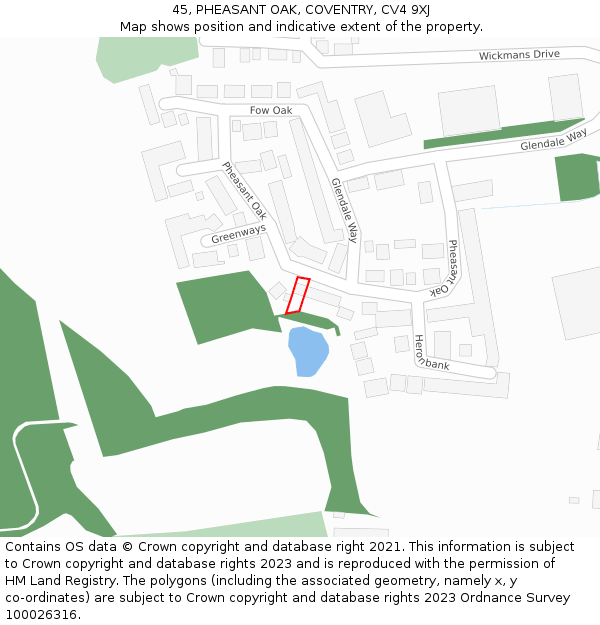 45, PHEASANT OAK, COVENTRY, CV4 9XJ: Location map and indicative extent of plot