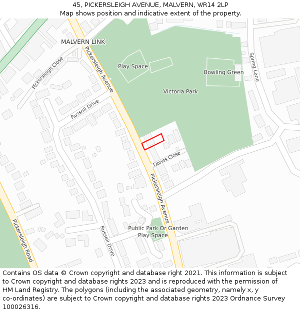 45, PICKERSLEIGH AVENUE, MALVERN, WR14 2LP: Location map and indicative extent of plot