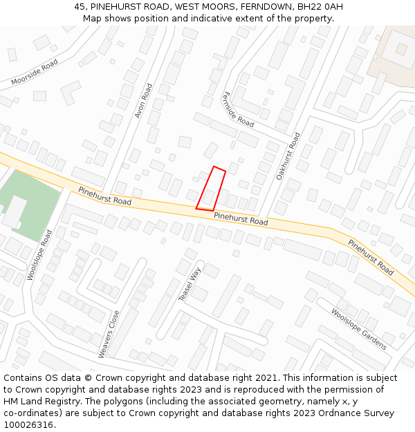 45, PINEHURST ROAD, WEST MOORS, FERNDOWN, BH22 0AH: Location map and indicative extent of plot